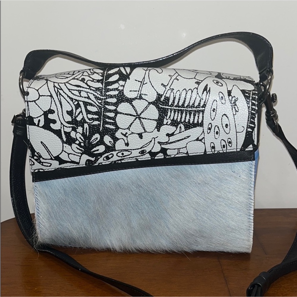 Min & Mon New York 100% leather pony/calf hair blue crossbody purse bag